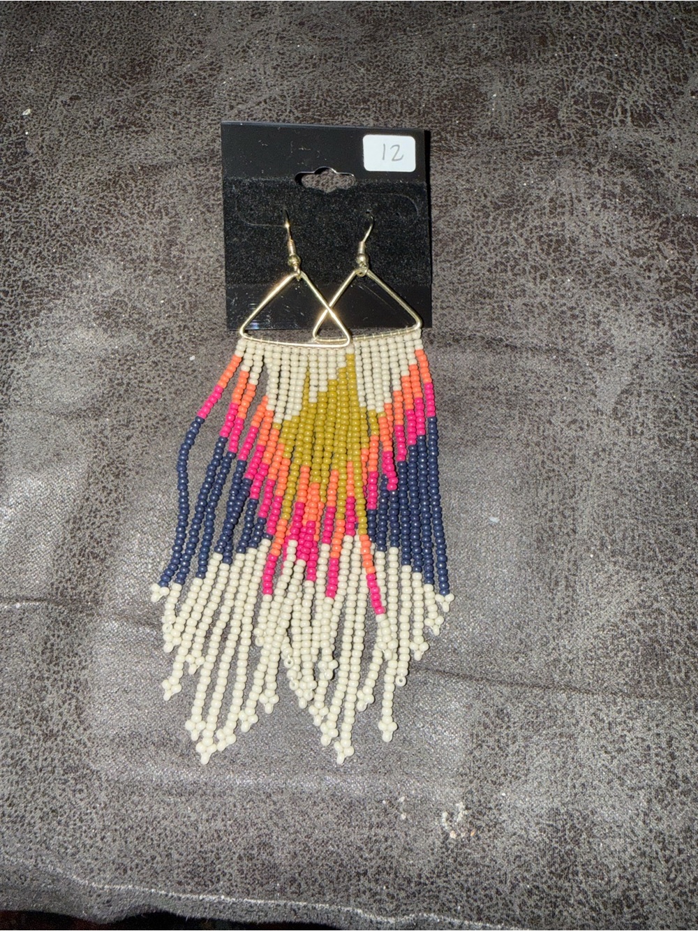 Vintage Multicolor Beaded Fringe Earrings with Gold Triangles